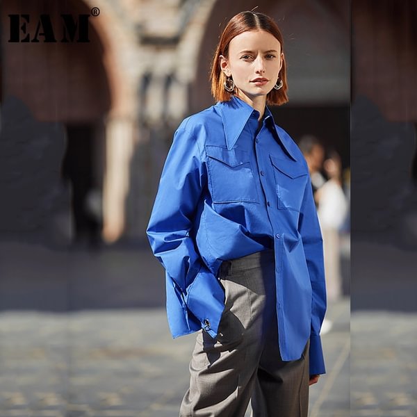 Women Blue Back Vent Temperament Blouse New Lapel Long Sleeve Loose Fit Shirt Fashion Tide Spring Autumn - BlackFridayBuys