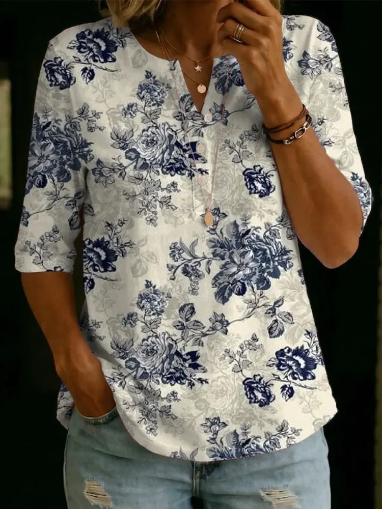 Women's Floral Pattern Art Print Casual Cotton Shirt