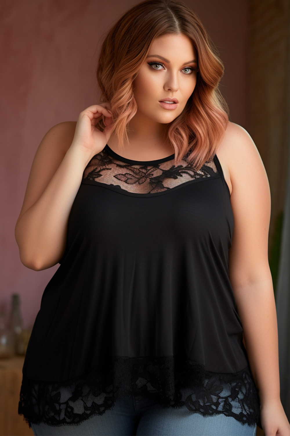 Flycurvy Plus Size Everyday Black Round Neck See-through Lace Patchwork Cami 2024 - Flycurvy 
