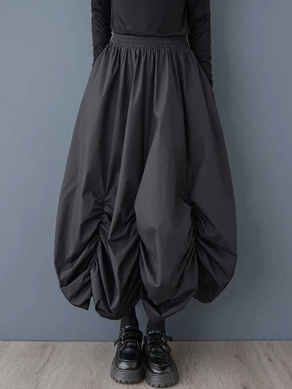 Elasticity Pleated Pockets Solid Color Loose Wide Leg Ninth Pants Culotte