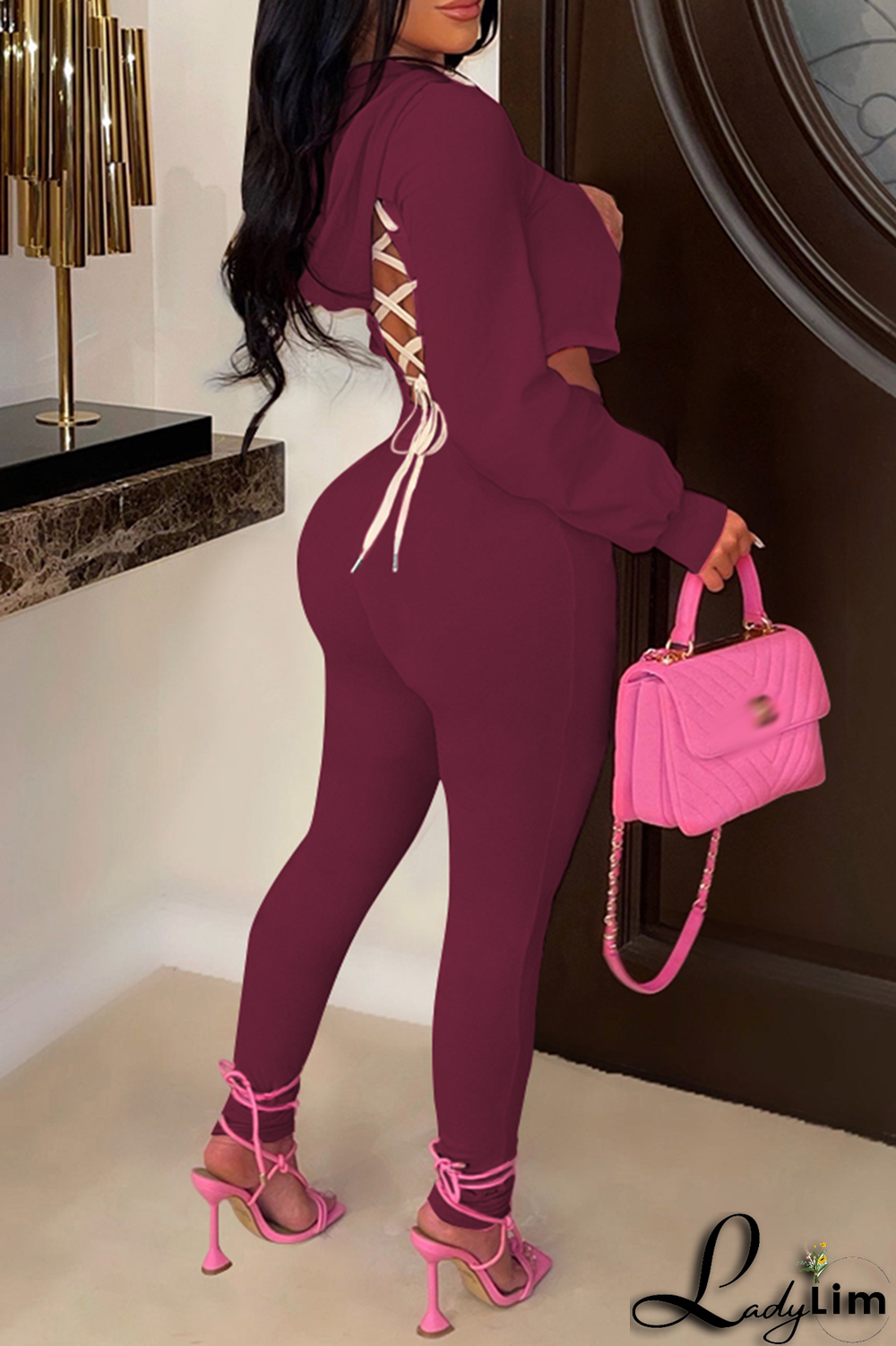 Blue Fashion Solid Patchwork V Neck Long Sleeve Two Pieces