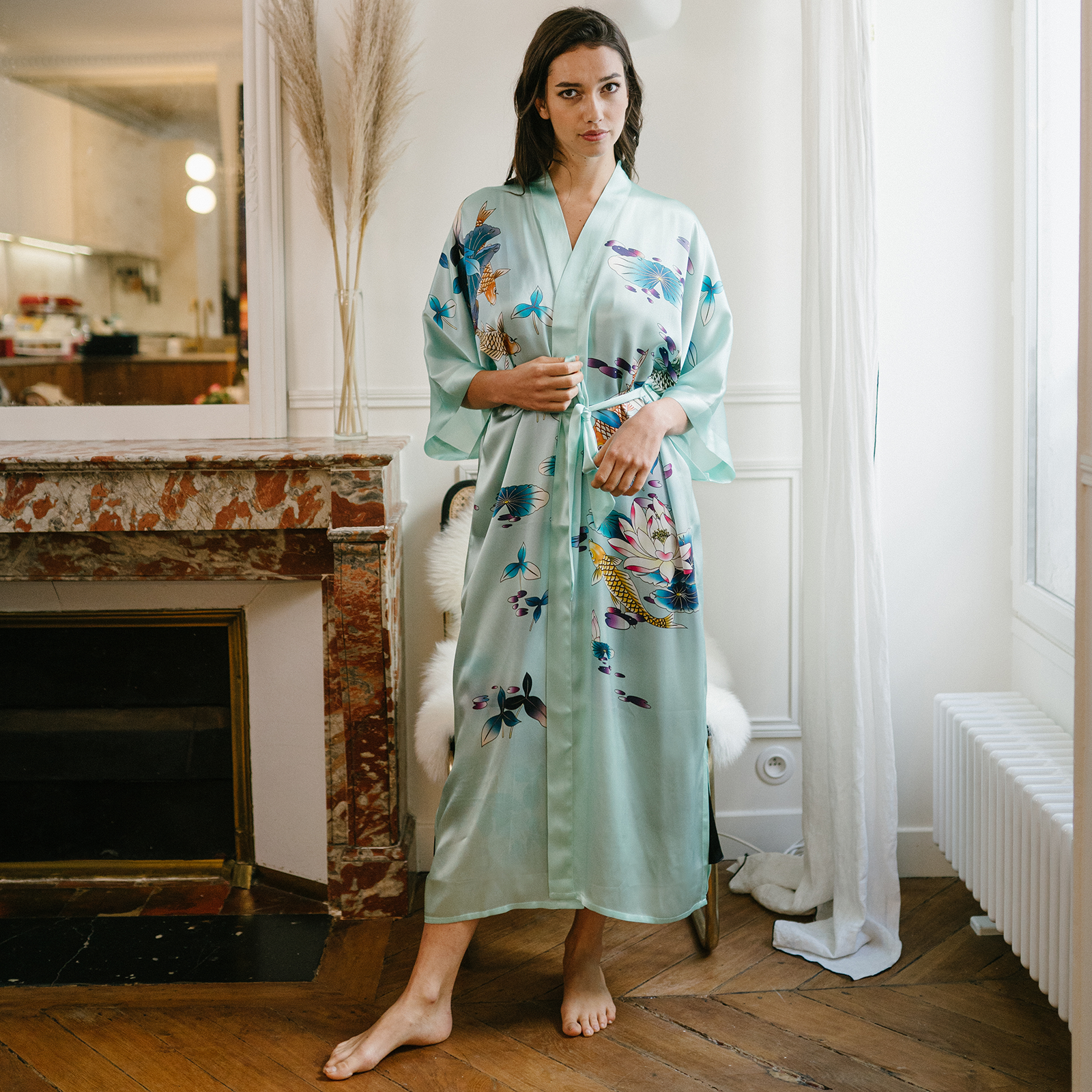 19 Momme Lotus Pond Motif Women's Silk Kimono Robe REAL SILK LIFE