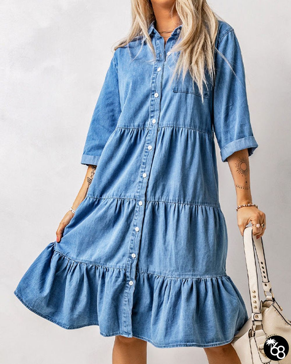 Sky Blue Pleated Denim Full Buckle Midi Dress Women Loose Knee Length | 168DEAL