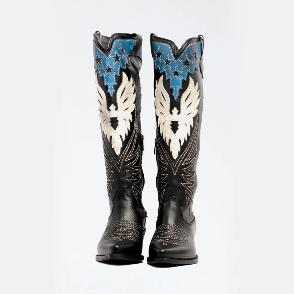 Women's Wing Patchwork & Star Inlay Snip Toe Black Cowboy Boots