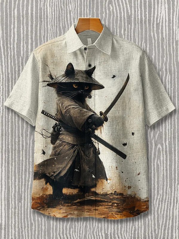 Men's Black Cat Warrior Art Print Short Sleeve Shirt