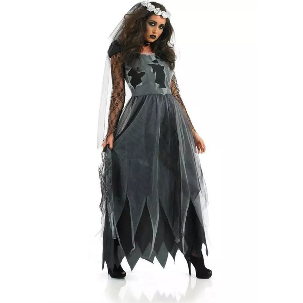 Halloween Sexy Black Lace Ghost Bride Cosplay Costume Party Dress-Pajamasbuy