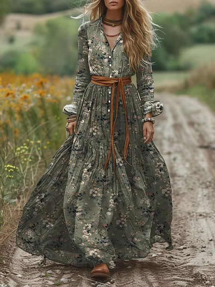 Women's Vintage Shirt Collar Long Sleeve Dress Floral Pocket Linen A-Line Dress