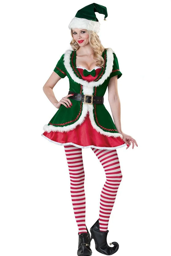 Green Womens Christmas Santa Helper Elf Costume-elleschic