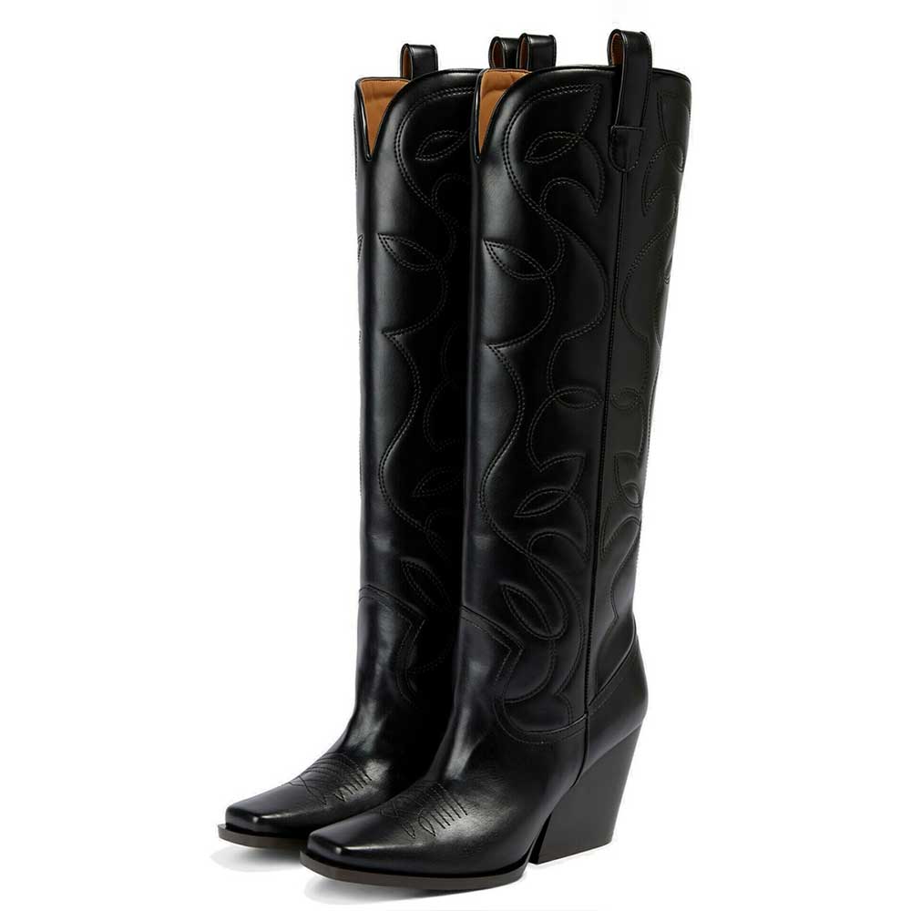Black Square Toe Chunky Heel Knee-High Cowgirl Boots with Embroidery Nicepairs