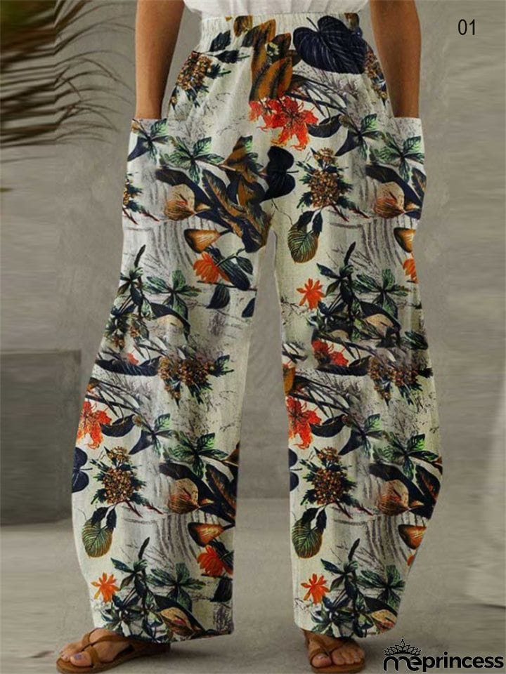 Female Retro Art Printed Loose Plus Size Elastic Waist Wide Leg Pants