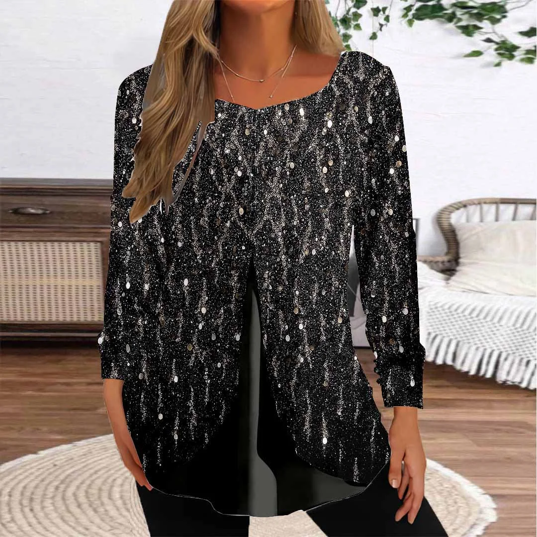 Women Graphic,Black DZGG8262 Long Sleeve Scoop Neck Printed Graphic Button Fake 2in1 Tops