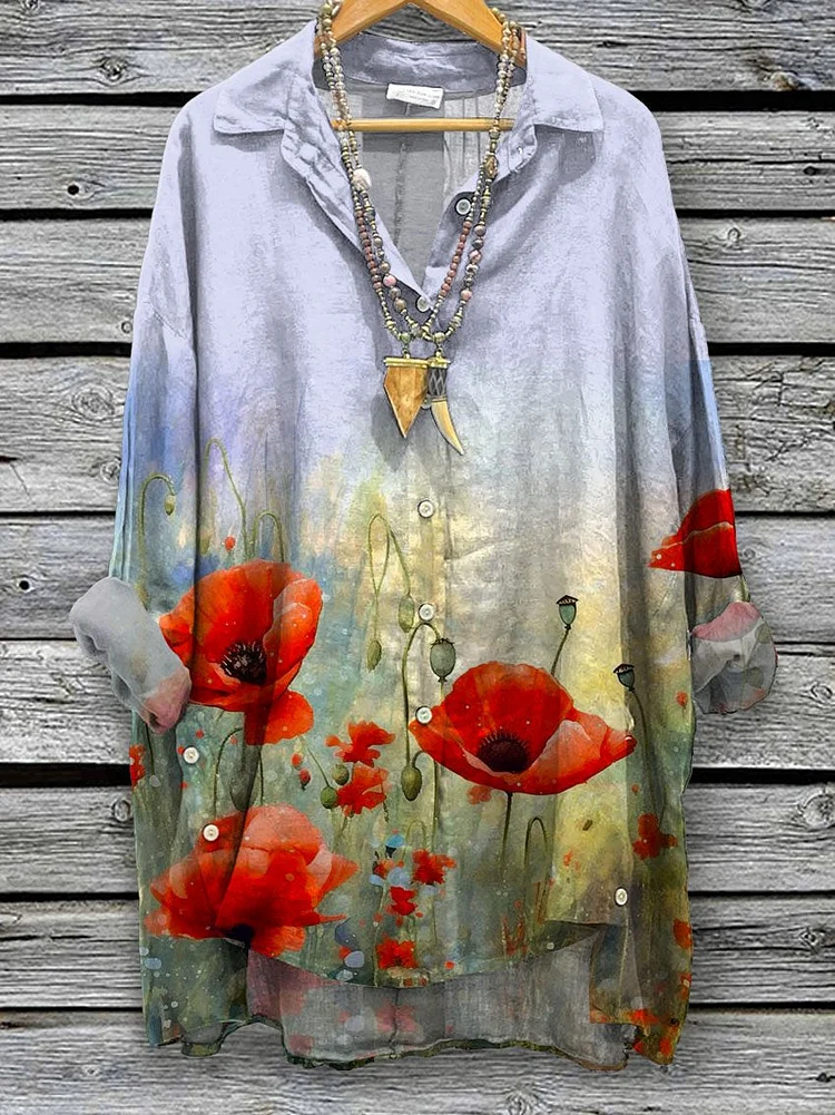 Women's Retro Poppy Watercolor Painting Art Print Casual Cotton And Linen Shirt