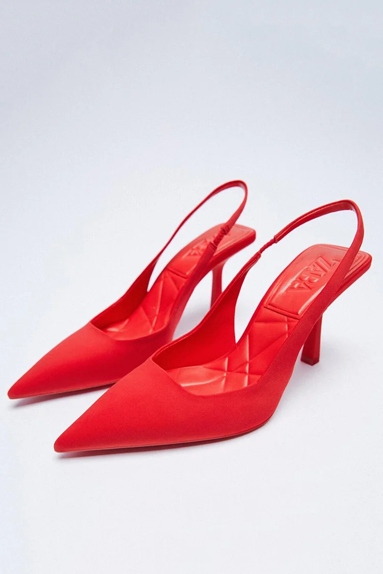 Elegant Plain Pointy Toe Slingback Strap Stiletto Heels-Red