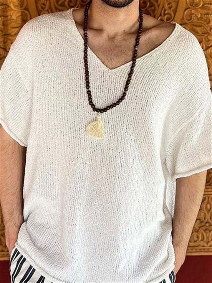 Summer New Men's Knitwear White V-neck Short Sleeve T-shirt | 168DEAL