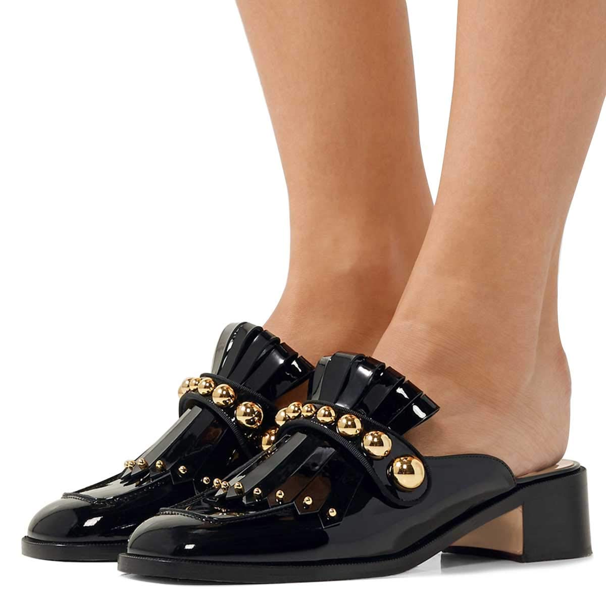 Black Square Toe Chunky Heel Studded Mules Nicepairs