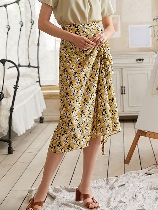 Jupe en soie avec cordon de serrage taille haute style trapèze-Soieplus