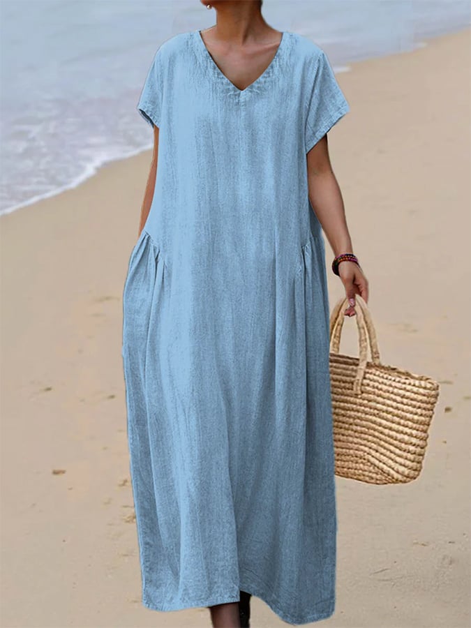 Ladies Casual Solid Color Cotton and Linen V-neck Short Sleeve Dress