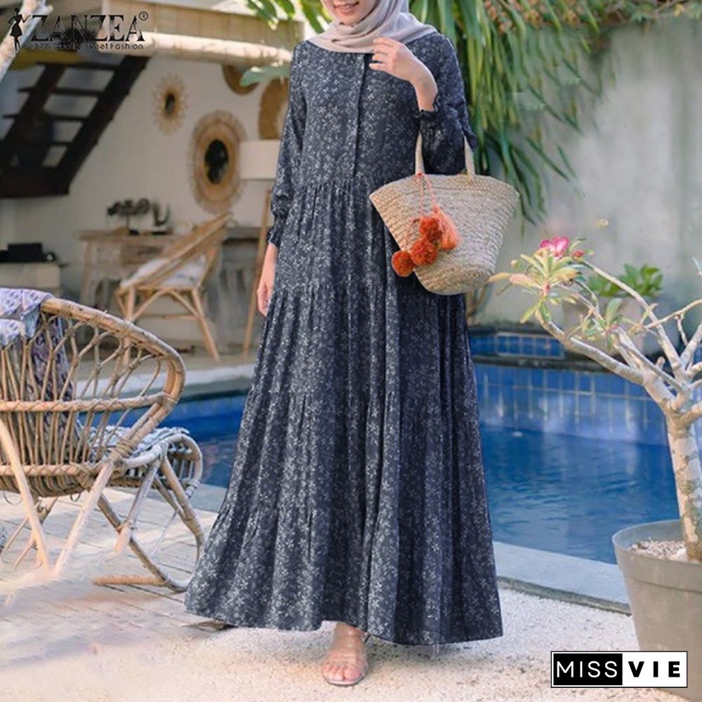 ZANZEA Women Muslim Elegant Baggy Kaftan Flota Robe Printed Abaya Holiday Dubai Islam Long Maxi Shirt Dress