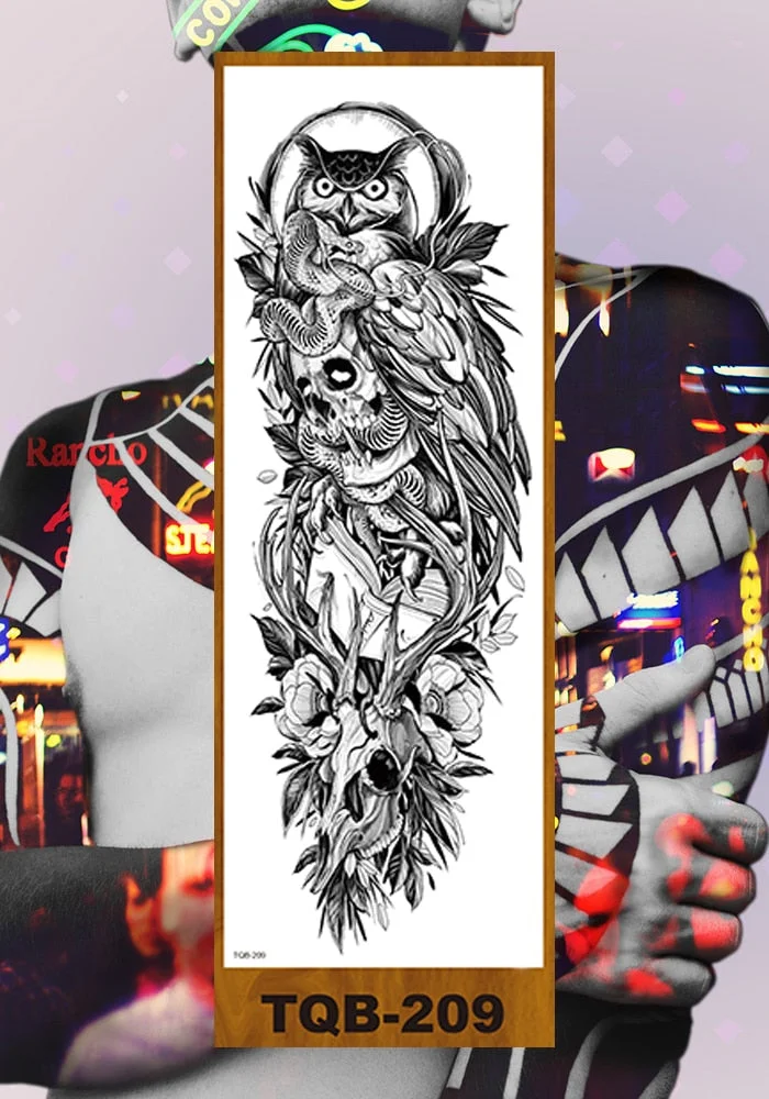 Full Flower Arm Temporary Tattoo Sticker Man Woman Body Leg Fake Tatoo Skull Night Demon Grim Reaper Good and Evil Waterproof