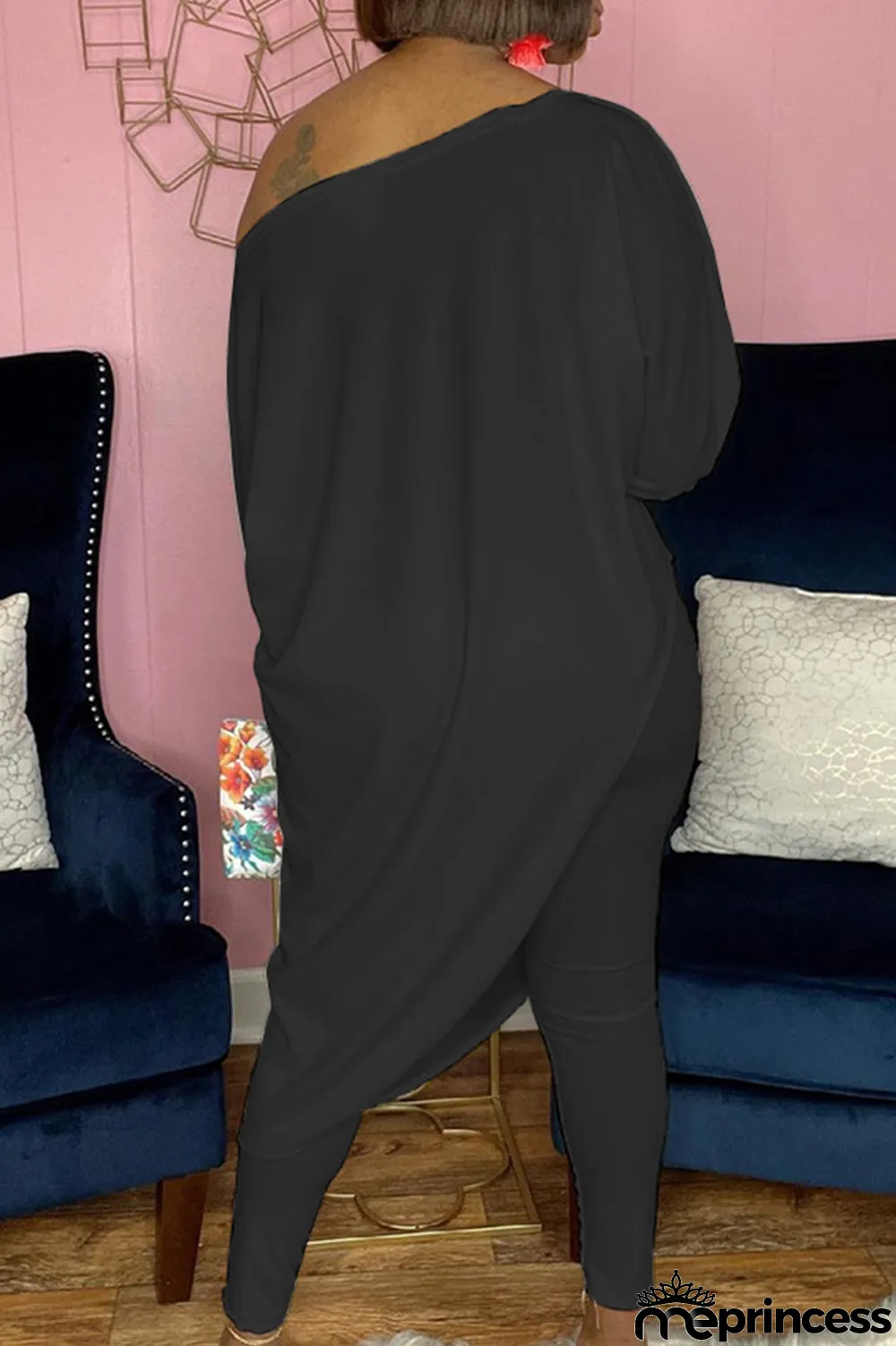 White Casual Print Split Joint One Shoulder Three Quarter Two Pieces