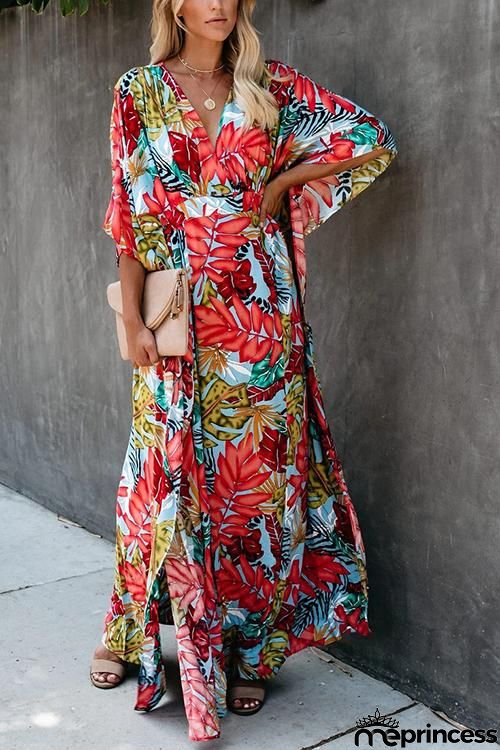 Floral Print V Neck Maxi Dress