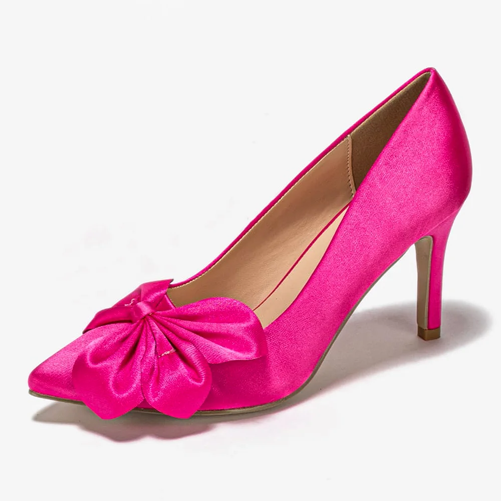 Full Pink Satin Pointed Toe Pumps Bow Decor Stiletto Heels Nicepairs