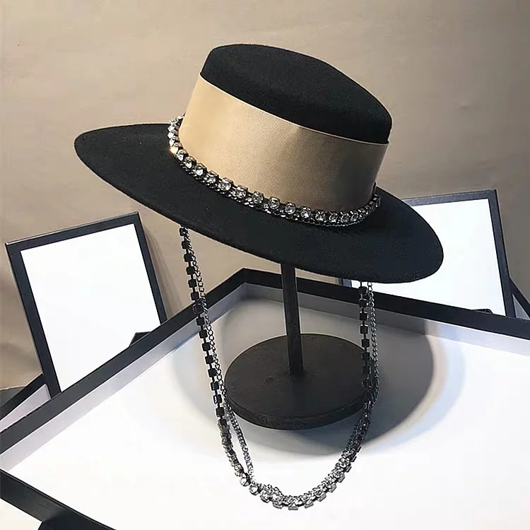 British style diamond-encrusted silver chain flat top hat