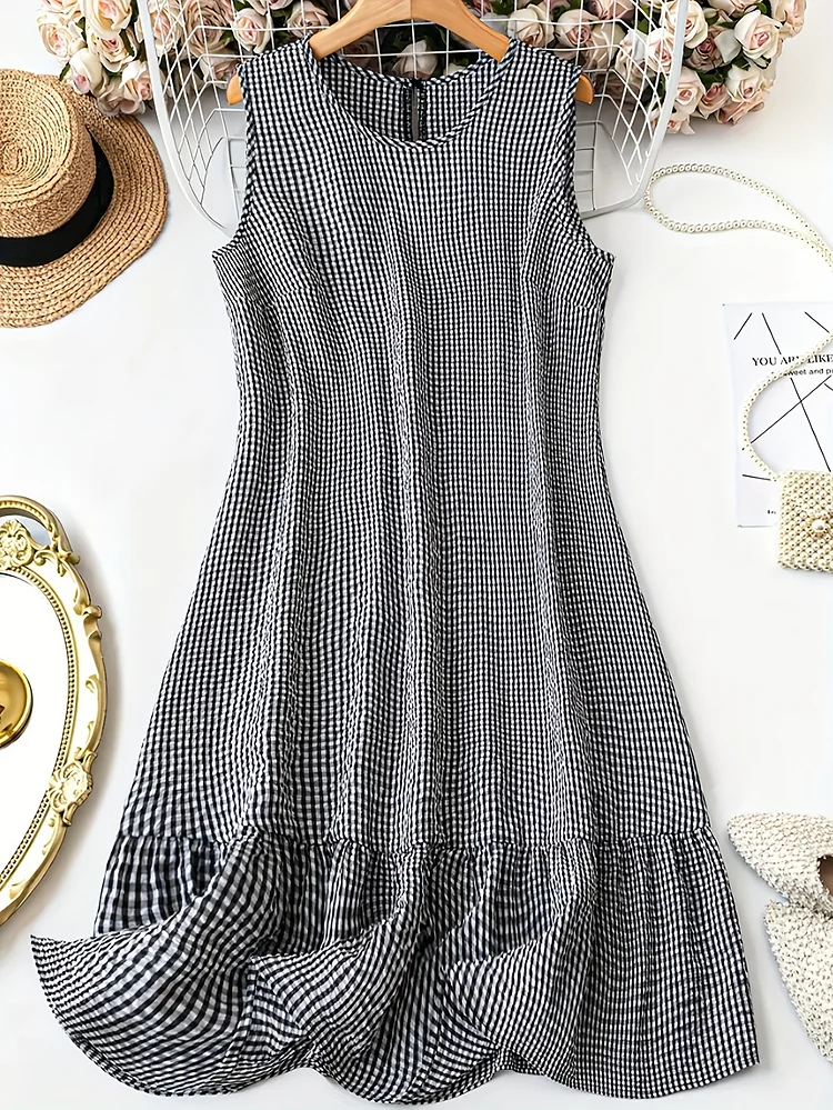 Sleeveless Midi Dress | Chic Black And White Plaid Women's - Round Neck, Ruffle Hem, Suitable For Spring/Summer