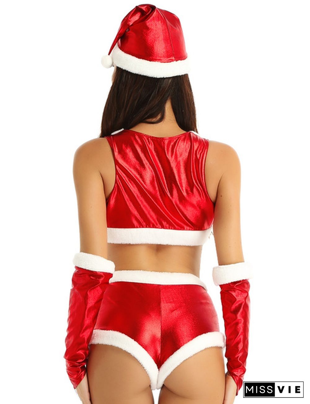 Womens Red 4Pcs Outfit Christmas Babe Outfit Costume White Flannel Trimmed Shiny Metallic Sleeveless Crop Top #S-XL