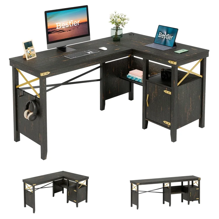 Bestier L-Shaped Computer Desk with Cabinet Black