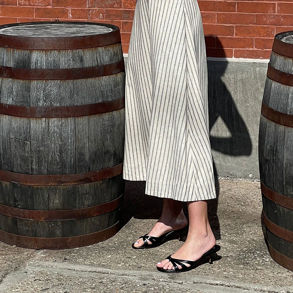 Black Crossed Strap Open Square Toe Spool Heel Slide Sandals Women