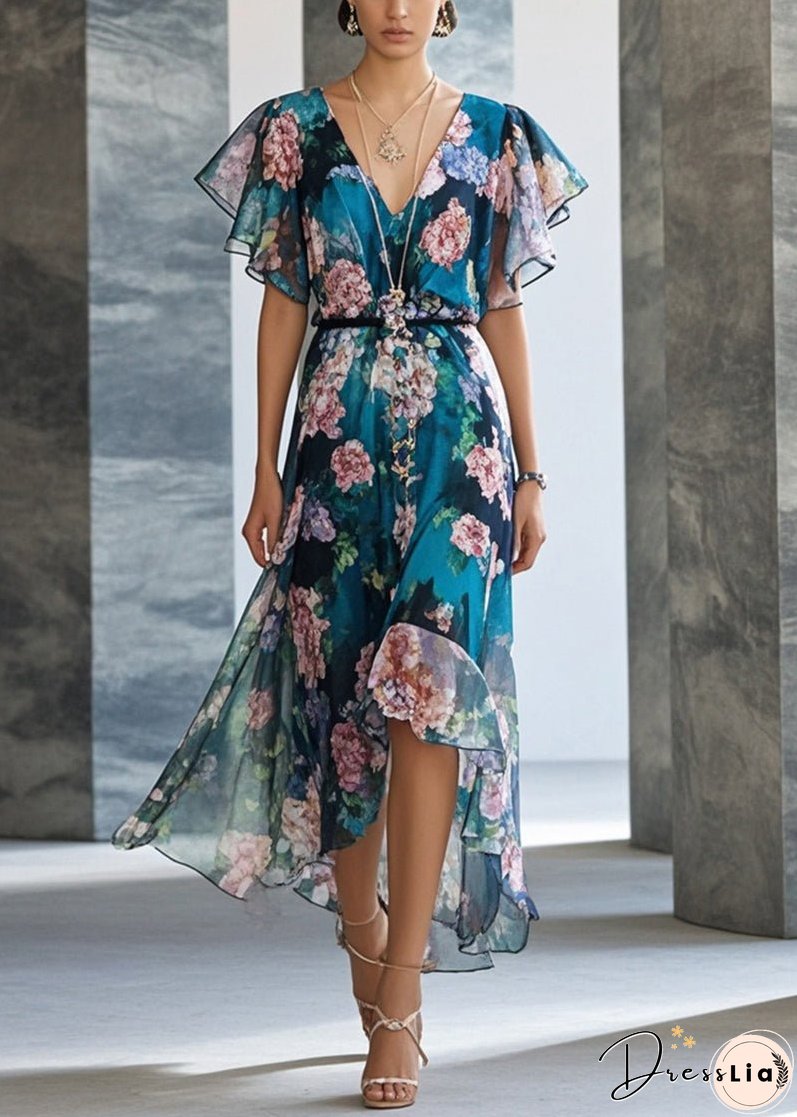 Style Peacock Blue Print Chiffon Party Dress Summer