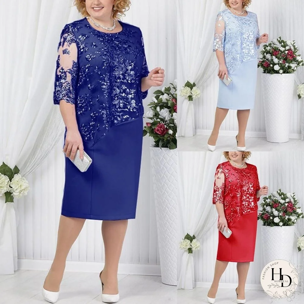 Well-Designed Plus Size Party Sheer Half Sleevefloral Lace Layered Mother Of Bride Midi Dress