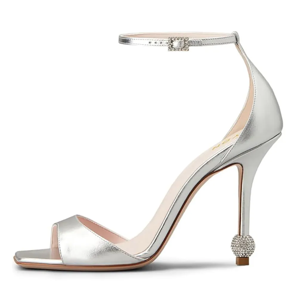Silver Open Square Toe Rhinestone Ankle Strap High Heels Sandals