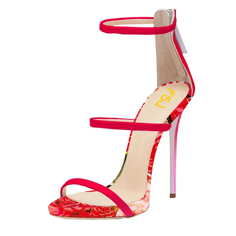 Red Stiletto Heels Dress Shoes Open Toe Sexy Flower Sandals by FSJ |FSJ Shoes