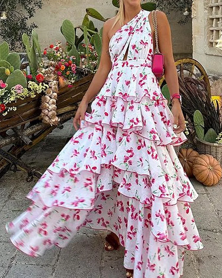 Printed One-shoulder Open-back Resort Style Dress