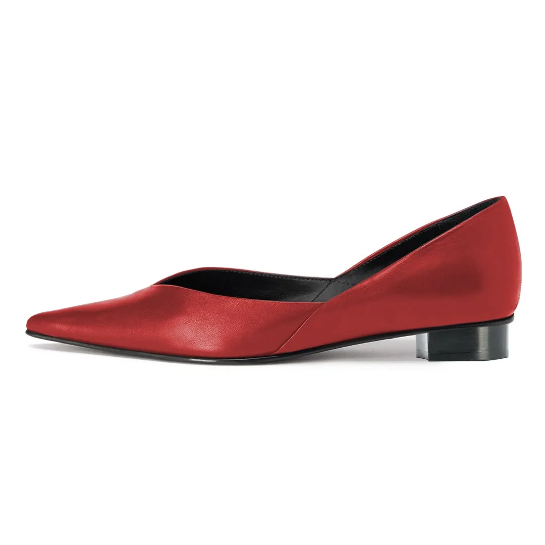 YDN Vegan Leather Pointed Toe Slip-On Flat Pumps Shoes in Red
