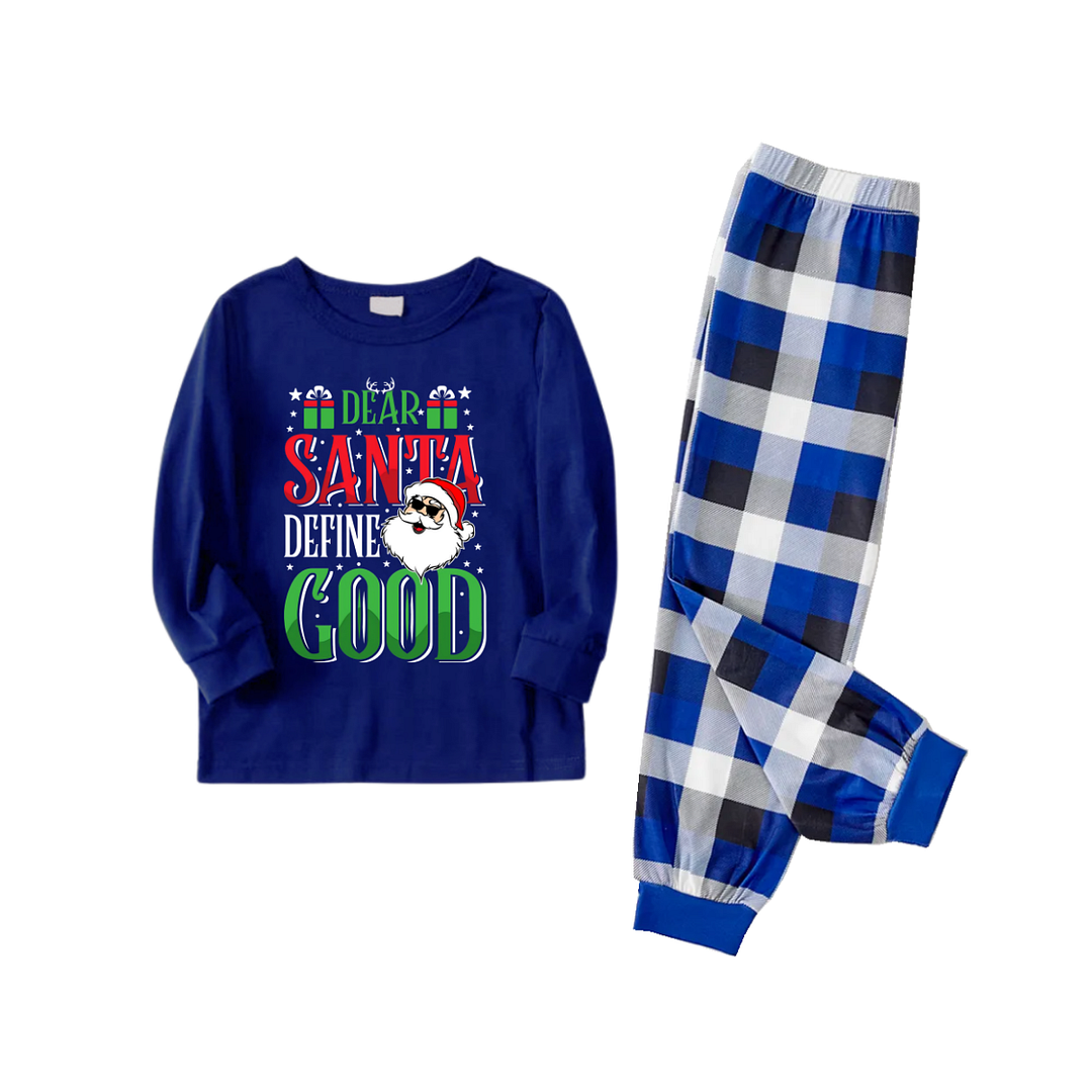 "Dear Santa Define Good" Text Printed Blue and White Plaid Family Matching Pajamas
