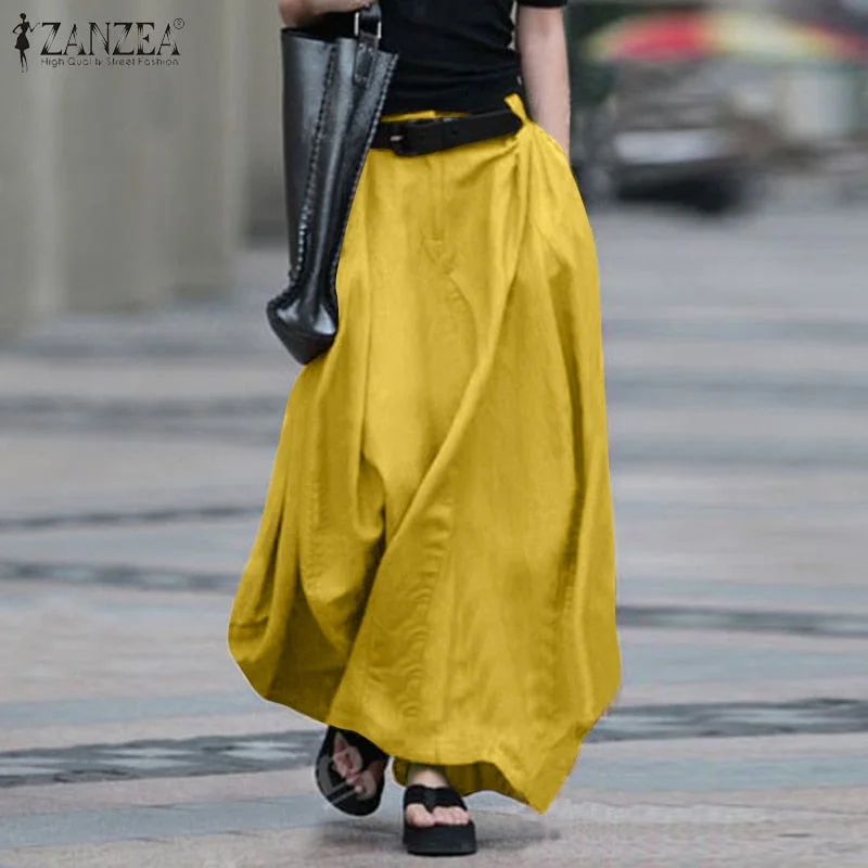 2022 Vintage Summer Skirts ZANZEA Women High Waist Solid Cotton Linen Skirt Saia Female Beach Maxi Long Skirts Jupe Faldas  7