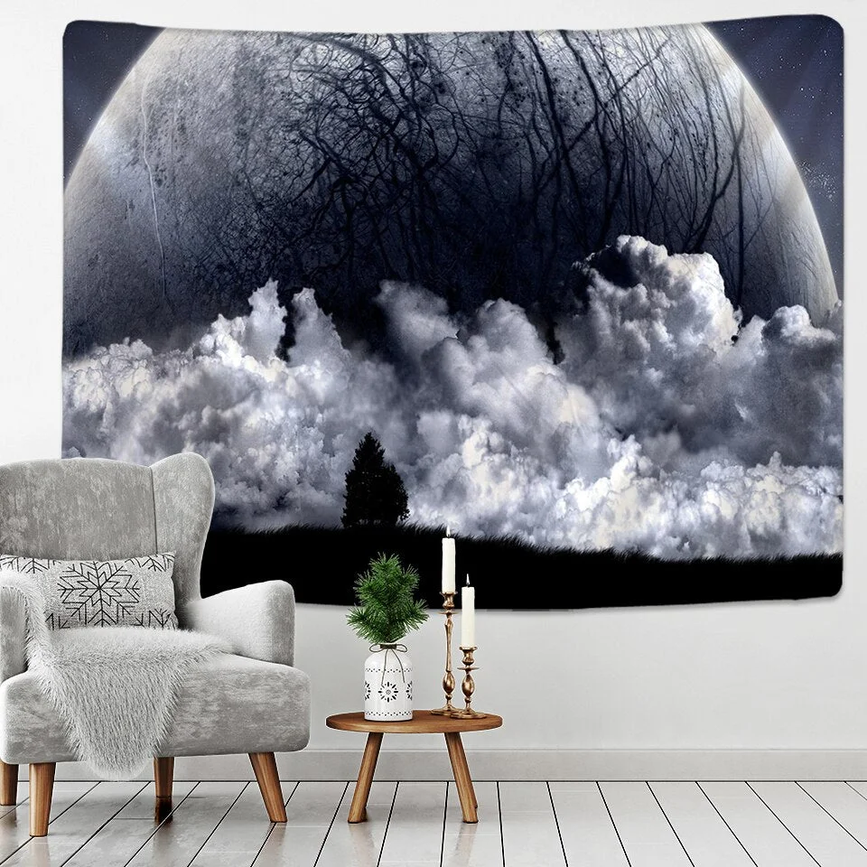 Black and White Moon Tapestry Starry Sky Printing Tapestry Wall Beach Blanket Picnic Yoga Mat Living Room Decor