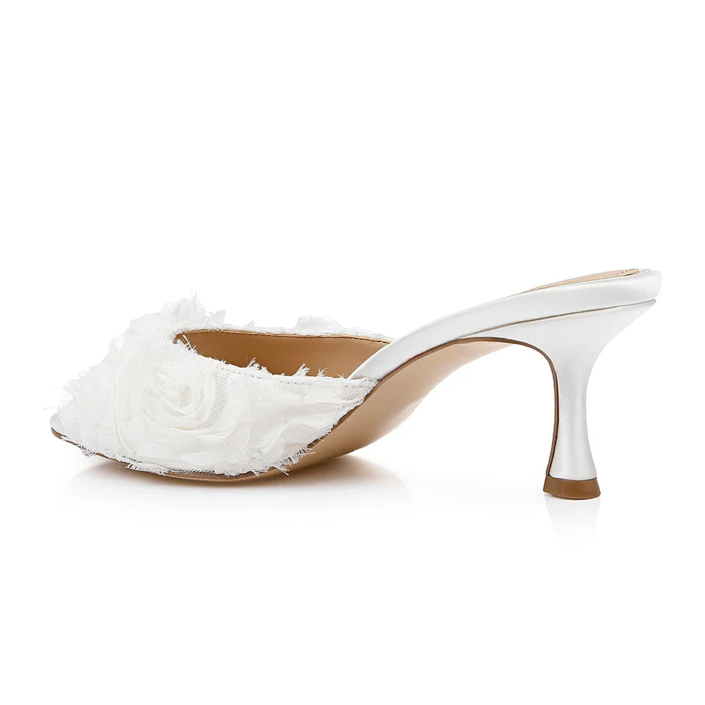 Women's White Satin Peep Toe Comfortable Heeled Mules with Ruffle