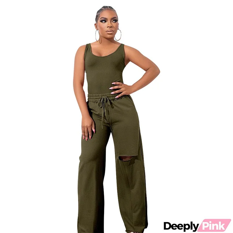 Women Fashion Solid Color Sling Top Rapped Pants Two-Piece Set