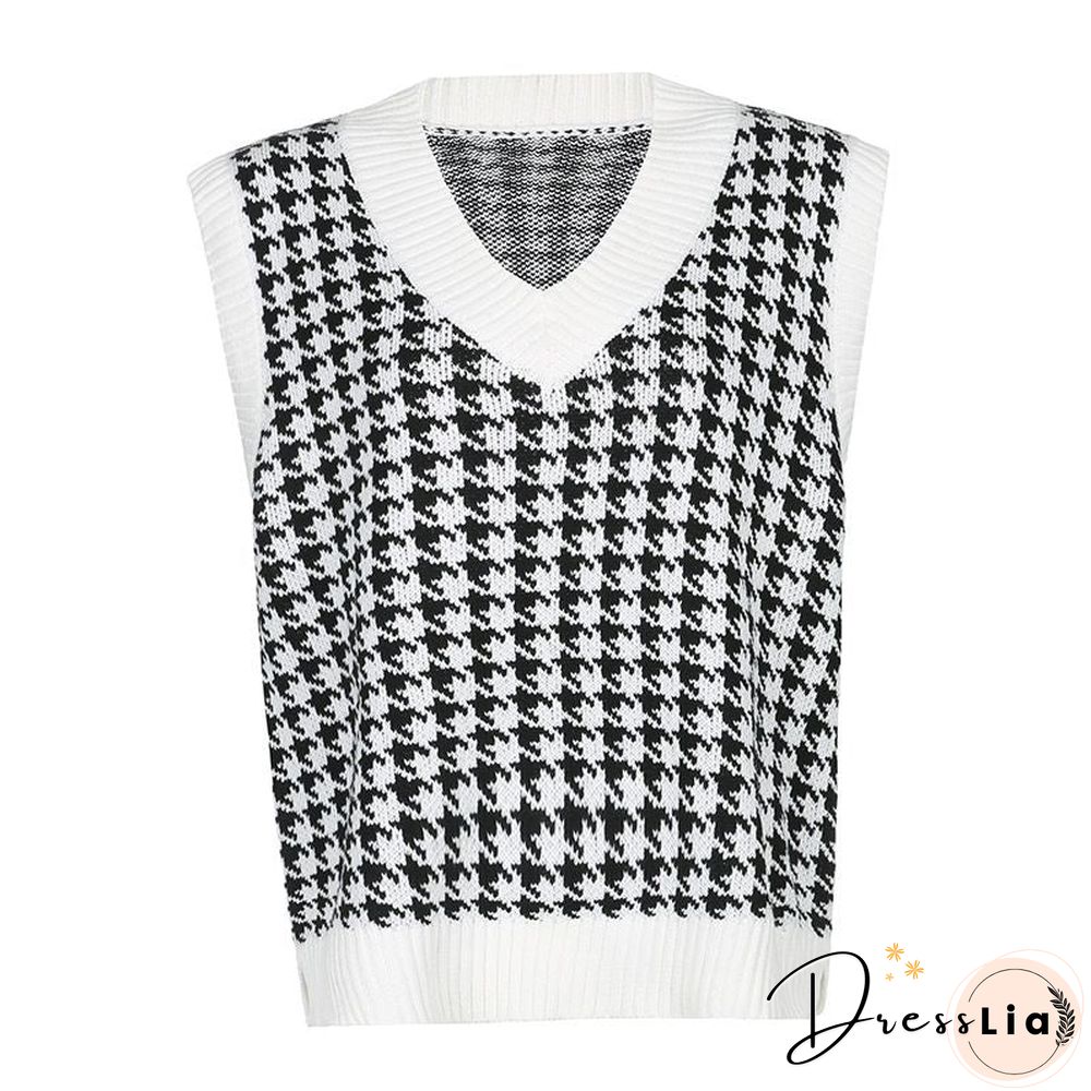 Checkered Cropped Knitted Tank Argyle Sleeveless Jumper