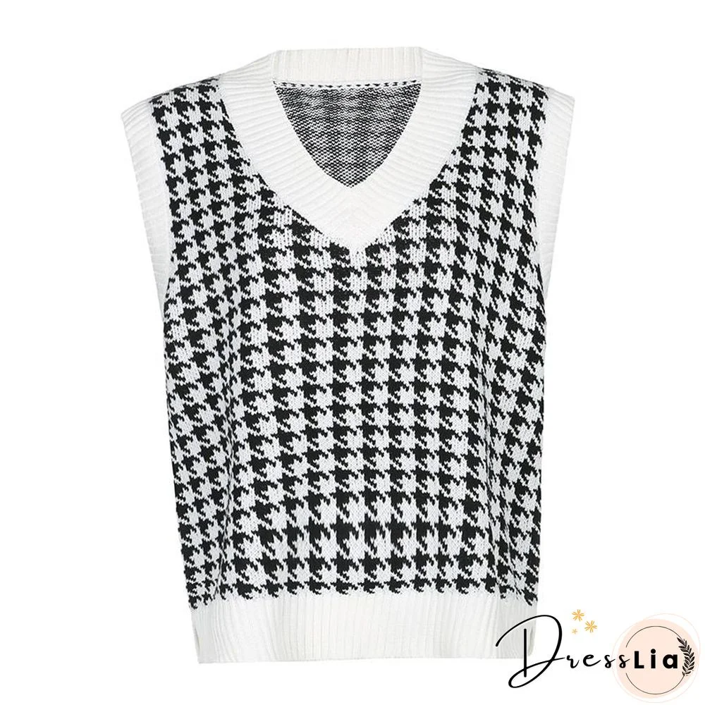 Checkered Cropped Knitted Tank Argyle Sleeveless Jumper