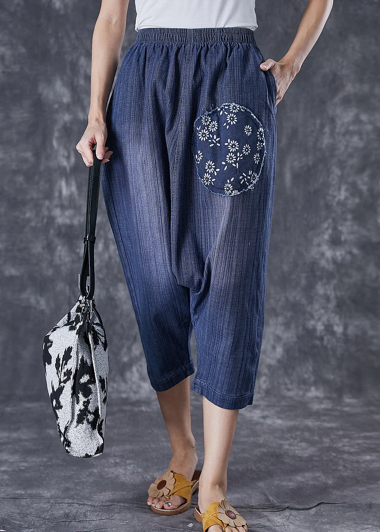 Casual Blue Oversized Patchwork Applique Denim Harem Pants Summer