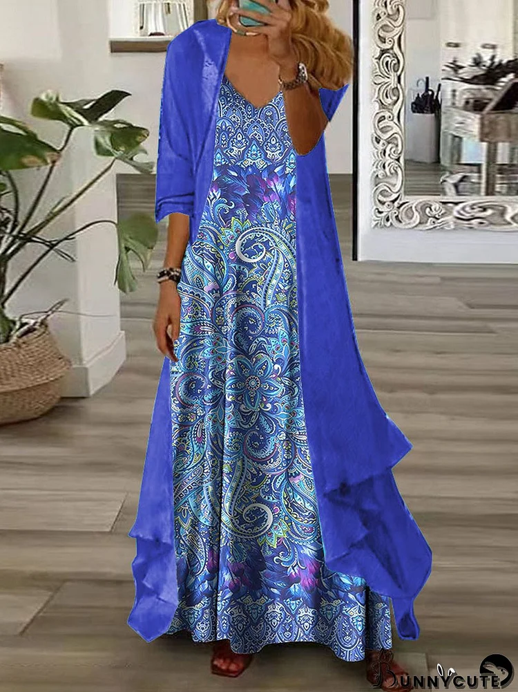 Women's Half Sleeve V-neck Floral Printed Two Pieces Maxi Dress