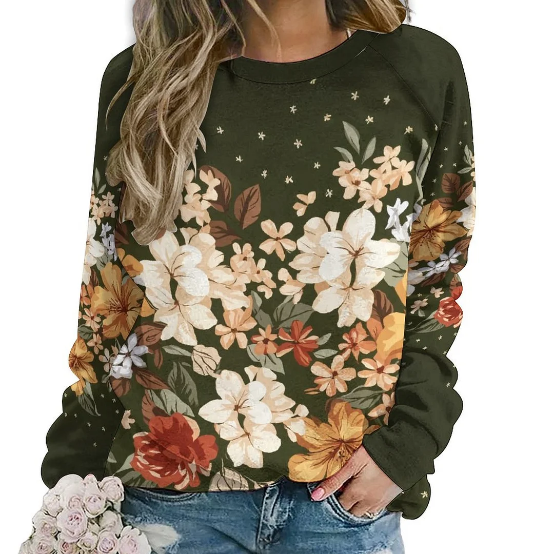 Printed Long Sleeve Casual Sweatshirt for  Women and Men Unisex Pattern Floral, Black, Colorful