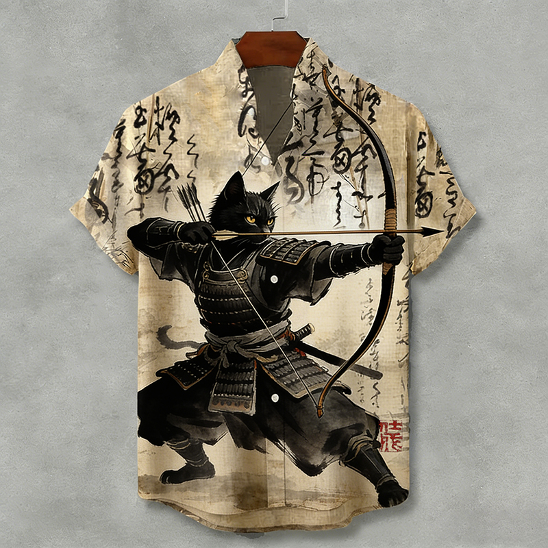 Comstylish Japanese Black Cat Samurai Archery With Calligraphy Art Short Sleeve Shirt