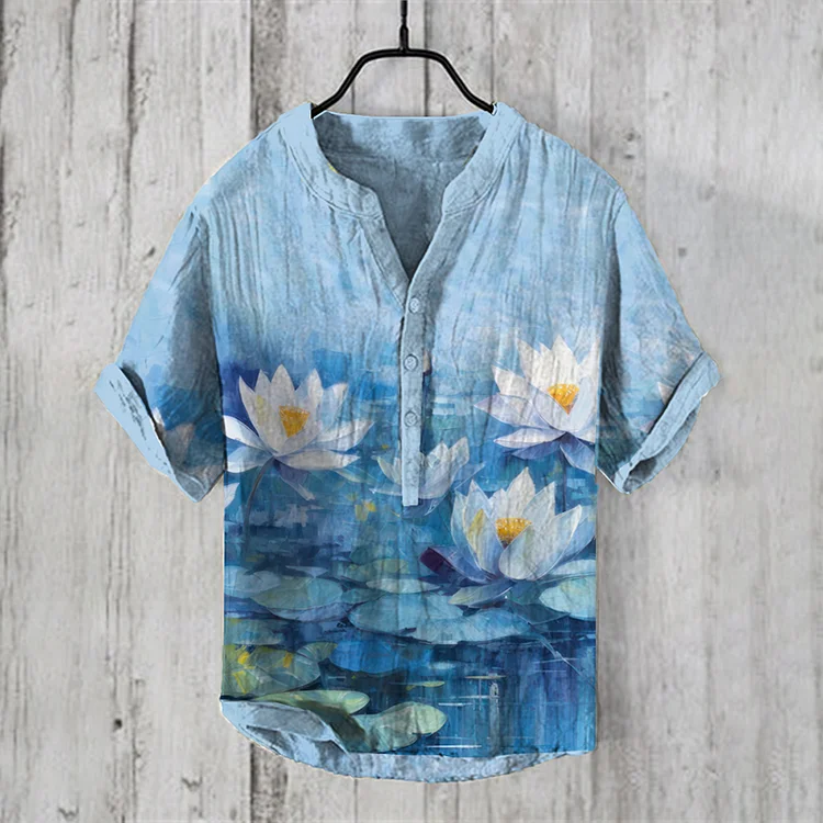 Oil Painting Art Floral Print Casual Linen Shirt