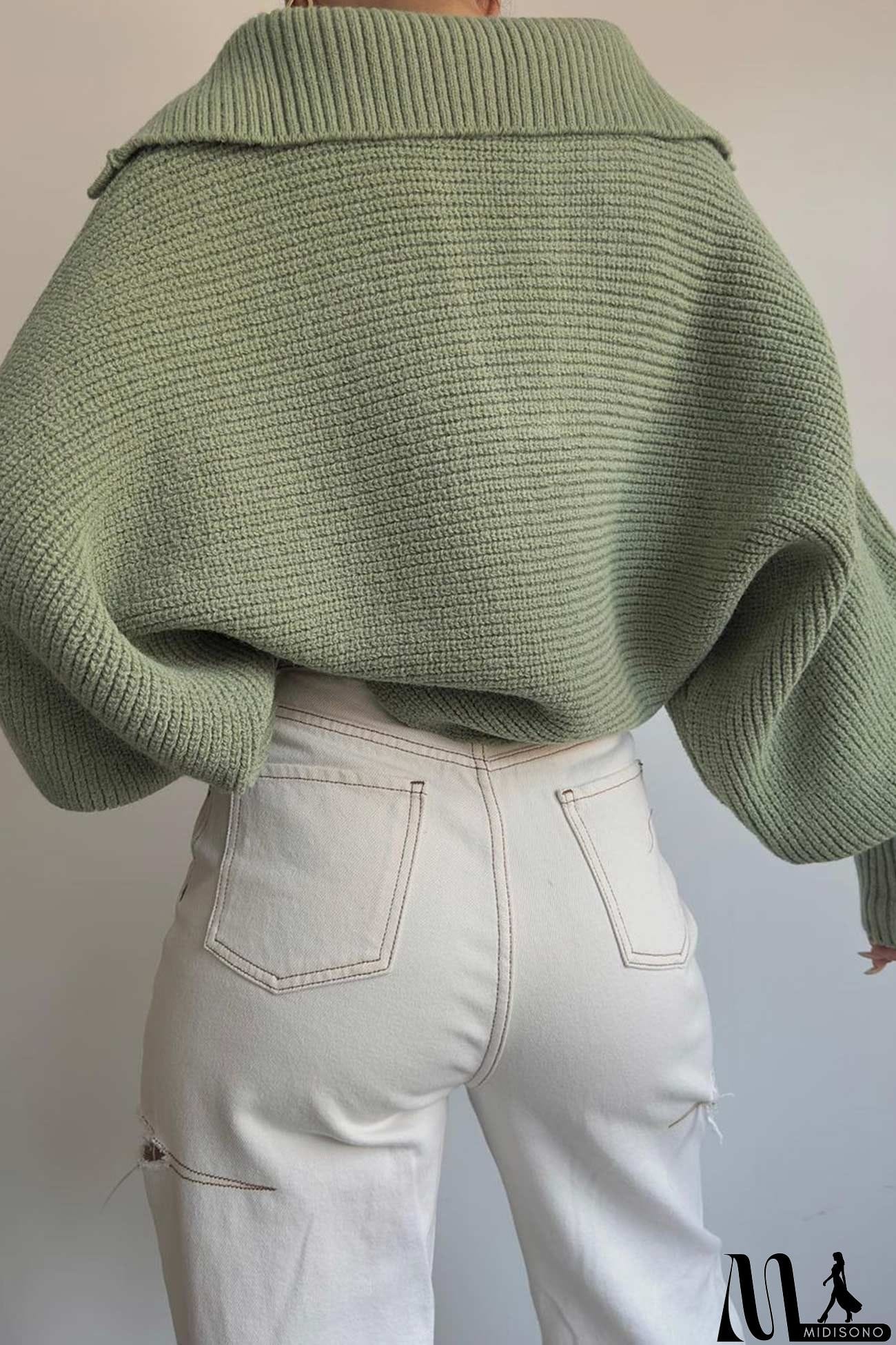 MidiSono - Lapel V Neck Puff Sleeve Sweater